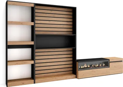Produktbild von Wohnwand Wohnzimmer, 320x35x186cm, Elektrokamin, Eiche und Schwarz