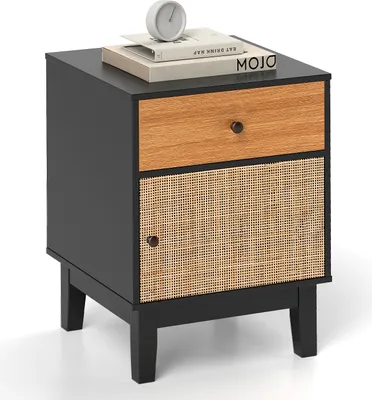 Immagine prodotto di Comodino KOMFOTTEU con cassetto e ante in rattan, comodino in legno con gambe in pino e dispositivo antiribaltamento, comodino vintage 40 x 39 x 55 cm per soggiorno e camera da letto