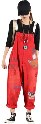 Productafbeelding van Bigassets: Damen jeans, overall met schort, mouwloos, jumpsuit, model 3, kleur rood