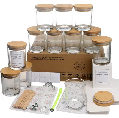 Produktbild von 12 Stück luftdichte Glasbehälter mit Holzdeckel – ideal zum Kerzenherstellung
