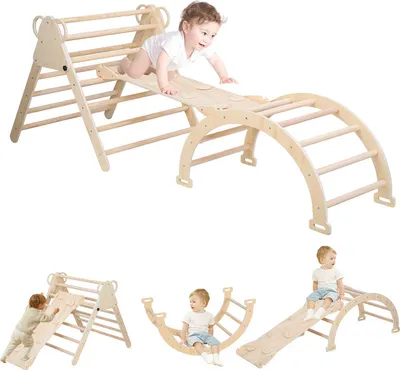 Image de Triangle d'escalade avec arche d'escalade et toboggan Triangle d'escalade pour grimper, glisser et se balancer pour les jeunes enfants à partir de 2 ans