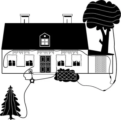 Illustration of a house decorated with Christmas lights, showing how a Sirius Tech-Line Lichterketten Verteilerring could be used.