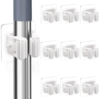 Immagine prodotto di Portascopa autoadesivo - Supporto a parete senza fori - 10 pezzi - Bianco - Per bagno, cucina e balcone