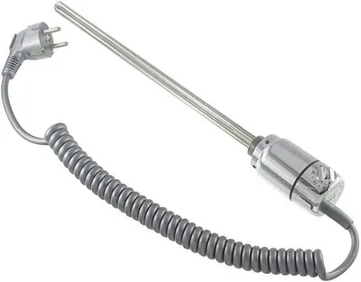 A chrome-plated heating element with a coiled cord and a plug, isolated on a white background.
