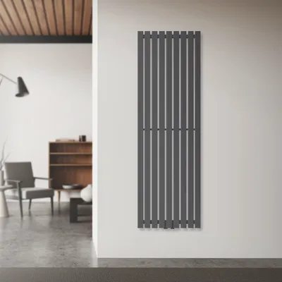 A modern living room with a radiator mounted on the wall.