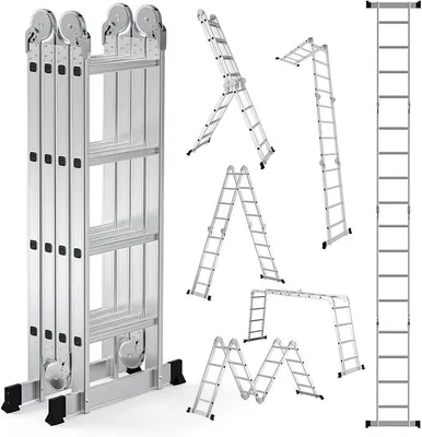 Imagen del producto de Escalera multiusos 7 en 1, con 4 escalones, de 468 cm de altura, fabricada en aluminio, con capacidad de carga de hasta 150 kg