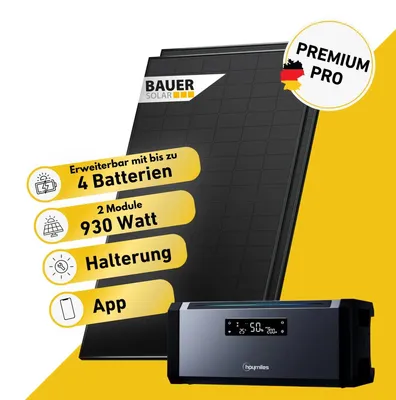 Produktbild von 930 Watt, Bifazial Komplettset, Balkonkraftwerk, Hoymiles HiBattery 1920 AC, Halterung Garten/Flachdach, Zusatzbatterie, AC-Anschlusskabel