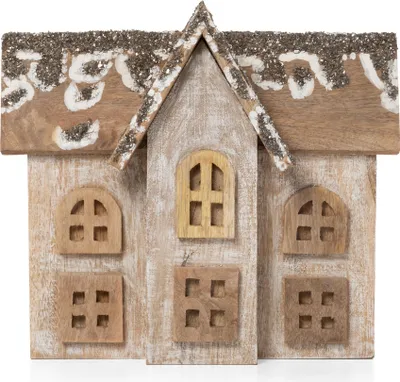 Produktbild von Weihnachtsdeko Holzhaus groß mit Glitzerdach 33 x 10 x 30 cm handgefertigt aus Mangoholz winterliche Holzfigur mit Schneeeffekt für die Fensterbank
