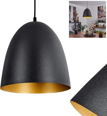Image de Suspension Bakou, lampe suspendue en métal noir et laiton, design moderne de style industriel/rétro/vintage, diamètre 25 cm, culot E27, hauteur maximale 150 cm, idéale pour la salle à manger, la cuisine ou le salon