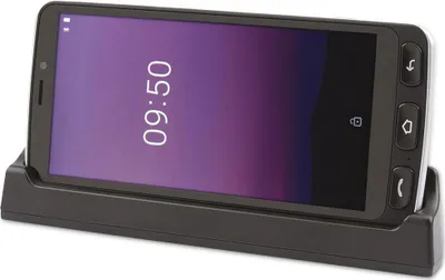 A black smartphone is docked in a black charging cradle. The phone's screen displays the time 09:50 against a purple background.