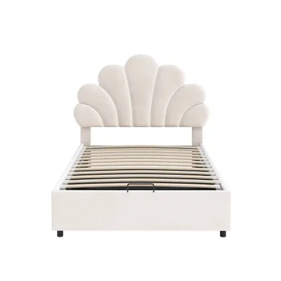 Produktbild von MODFU Jugendbett Boxspringbett Hydraulisches 90 x 200 cm mit verstellbares Kopfteil in geblümtemform, Polsterbett Funktionelles mit Lattenrost, Einzelbett Stauraumbett mit Bettkasten Stauraum, Samtstoff Beige(Ohne Matratze)