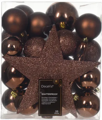 Produktbild von Weihnachtskugeln Kunststoff mit Stern 33er Set - Espressobraun
