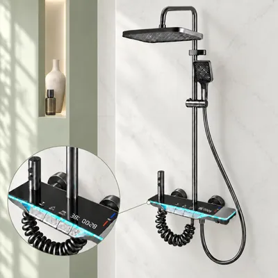 Produktbild von Duscharmatur mit LED-Display – Duschsystem mit Temperatur- & Duschzeitanzeige, Regenbrause, Handbrause, Stabbrause & Wasserfallauslauf – Grau