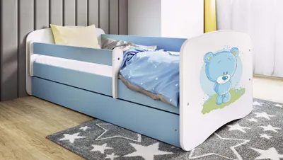 Image de Lit d'enfant Lit d'adolescent ourson bleu fleurs 70x140, 80x160, 80x180 cm - Set complet avec tiroir & protection antichute