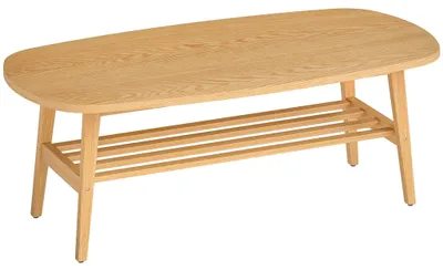 Zdjęcie produktu dla Owalny stolik kawowy z półką, drewno naturalne, 120x60x42 cm