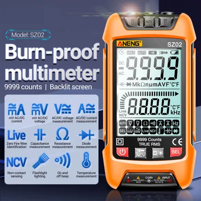 Zdjęcie produktu dla ANENG SZ02 Inteligentny multimetr cyfrowy Automatyczny zakres 9999 zliczeń NCV Uniwersalny miernik Ręczny wielofunkcyjny tester Woltomierz Amperomierz z podświetleniem Latarka Napięcie i prąd AC/DC Rezystancja Pojemność Częstotliwość Pomiar temperatury
