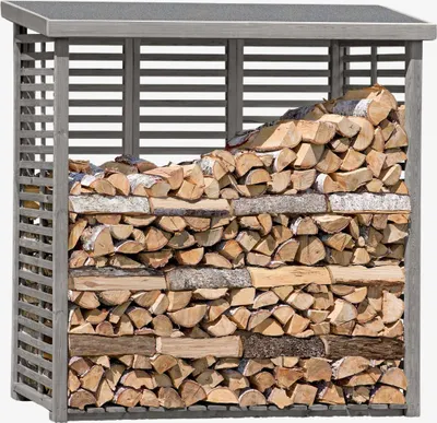 A wooden firewood rack filled with logs.