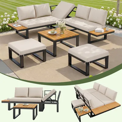 Produktbild von 6-teiliges Gartenlounge-Set – Ecksofa mit verstellbarer Rückenlehne, Couchtisch & Hockern, wetterfestes Stahlgestell, Sitzkissen, für Balkon & Terrasse, Grau/Beige
