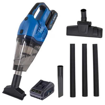 A cordless handheld vacuum cleaner and its accessories are displayed against a white background.