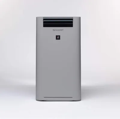 A light gray SHARP air purifier is shown against a white background.