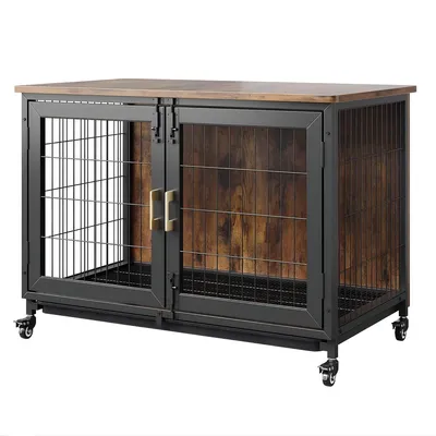 Imagen del producto de Jaula para perros de madera – Refugio estable para perros con ruedas y cajón – Transportín para perros grandes – Color marrón oscuro
