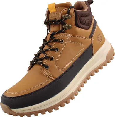 A single brown boot on a white background.