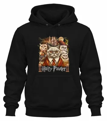 Productafbeelding van Hairy Pawter Kattenmagiër Toveracademie, grappig cadeau, vintage, uni hoodie, zwart, maat L