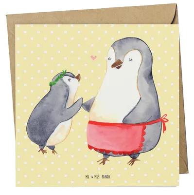 Produktbild von Mr. & Mrs. Panda Glückwunschkarte Pinguin mit Kind - Gelb Pastell - Geschenk, Lieblingsmensch, Klappkarte, faltkarte, Grußkarte, Familie, Muttertag, Vorbild Mama, Mutti