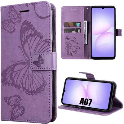 Image de Coque pour Samsung Galaxy A07, Protection Rabat Antichoc Anti-Rayures Effet Cuir Violet Motif Papillon