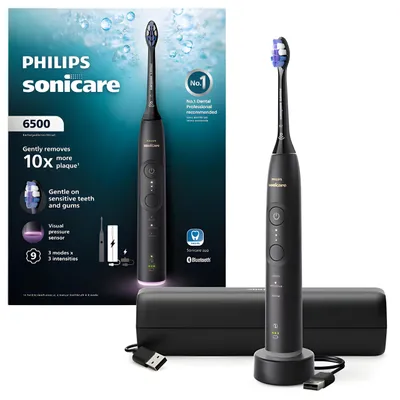 Produktbild von Philips Sonicare 6500 series Series 6500 HX7411/10 Wiederaufladbare Zahnbürste, Erwachsener, Schallzahnbürste, Sensibel, Whitening, 62000 Bewegungen pro Minute, Schwarz, 2 min, 4 x 30 sec
