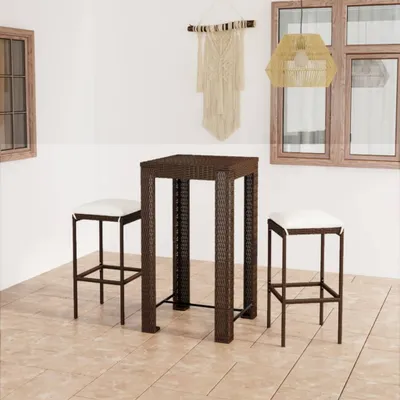 Image de The Living Store Ensemble bar de jardin 3 pièces avec coussins Poly rotin brun