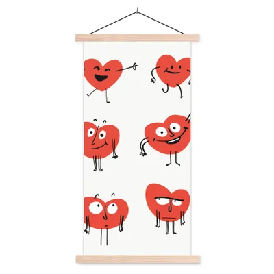 Produktbild von MuchoWow® Textilposter Eine Illustration von neun Herzen mit Emotionen 40x80 cm mit holzfarbenen Rahmen - Wohnzimmer