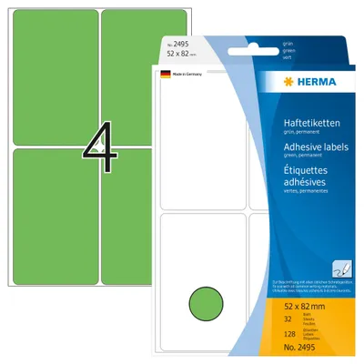 Productafbeelding van HERMA - Papieretiketten - zelfklevend - groen - 52 x 82 mm - 128 etiketten (32 velletjes x 4) - Etiketten