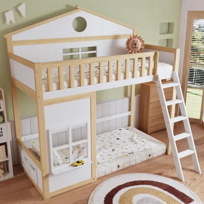 Image de MODFU Lit Superposé 90x200 cm - Lit Cabane Avec Toit et Fenêtres, Barrière de Sécurité - Espace Libre Sous Lit - Sans Matelas - Pin + MDF - Blanc et Naturel