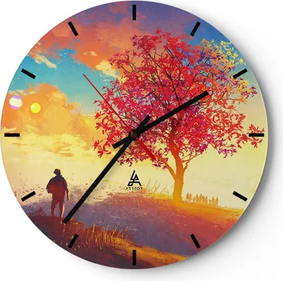 Produktbild von Wanduhr - Rund - Glasuhr - Baum Wiese Feld - 40x40cm - Schleichendes Uhrwerk - Lautlos - zum Aufhängen bereit - Dekoration Modern - Wanddekoration aus Glas - C3AR40x40-3715