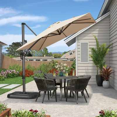Produktbild von PURPLE LEAF Sonnenschirm 250 x 250 cm Groß Ampelschirm mit Kurbel 360-Grad Drehbar mit Fußpedal und Kreuzsockel für Terrasse,Balkon Sonnenschutz,Beige