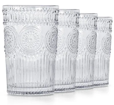 Relief-Trinkgläser 370 ml, 4er-Pack, Vintage-Stil, Blumenmuster