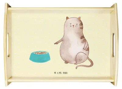 Produktbild von Mr. & Mrs. Panda Servier Tablett Katze Fressen - Gelb Pastell - Geschenk, Holztablett, Serviertablett, holz, sofatablett