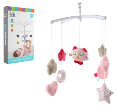 Image de Mobile musical en plastique avec des jouets suspendus au-dessus du lit, rose, avec un mécanisme à remontoir, dans une boîte de 19x33x5,5 cm
