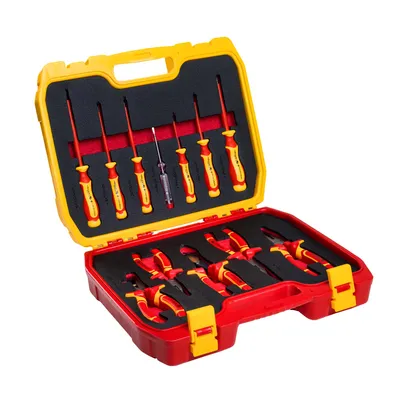 Produktbild von Werkzeug-Set 12‑tlg. VDE isolierter Elektriker‑Werkzeugsatz 1000 V – Schraubendreher, Zangen & Spannungsprüfer im Koffer - Högert Technik