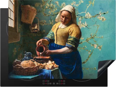 Produktbild von KitchenYeah© Herdabdeckplatte Milchmädchen - Mandelblüte - Van Gogh - Vermeer - Gemälde - Alte Meister , 71x52cm, Küche Deko, Glaskeramikkochfeld Herdabdeckung, Abdeckplatte fùr Kochfeld