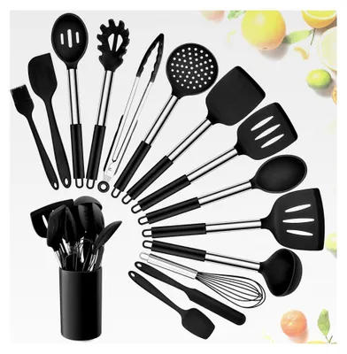 Produktbild von Küchenhelfer Set, 15-teiliges Silikon Kochgeschirr mit Utensilienhalter, antihaftbeschichtet und hitzebeständig, mit Edelstahlgriffen, Schneebesen, Pfannenwender und Löffel, Schwarz