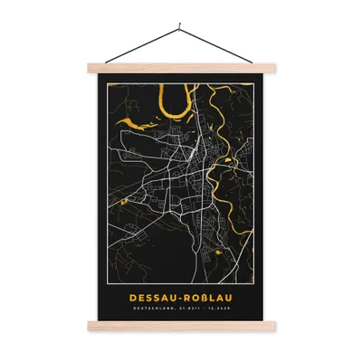 Produktbild von MuchoWow® Textilposter Schwarz und Gold - Stadtplan - Desseau Roßlau - Deutschland - Karte 120x180 cm mit holzfarbenen Rahmen - Textil-Plakat