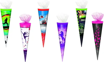 Produktbild von 6x Schultüte / Zuckertüte / 35cm / rund / Tüllverschluss / 6 verschiedene Motive