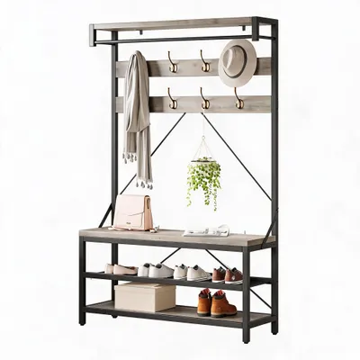 Produktbild von Garderobenbank 105x38x183 cm Schuhbank Kleiderstange Flur Grau