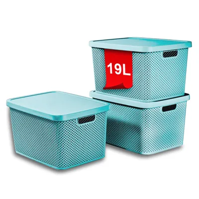 Three light blue storage bins with lids are stacked and arranged against a white background. One bin has a red tag with "19L" written on it.