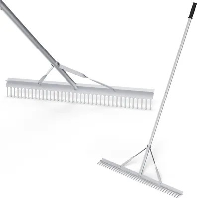 Zdjęcie produktu dla Grabie ogrodowe wykonane z aluminium z głowicą grabiącą o szerokości 91 cm 91 x 10 x 174 cm srebrne