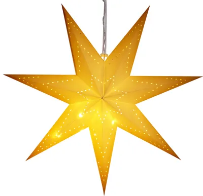 A lit, seven-pointed star lantern hanging against a white background.