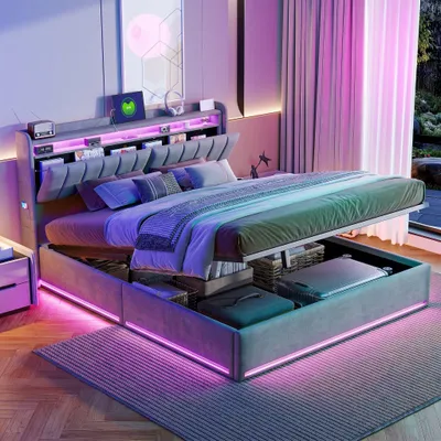 Image de Lit Moonbite avec rangement, 140x200 cm, tissu gris, porte rabattable – Étagère supérieure et niche rabattable, éclairage LED, port USB