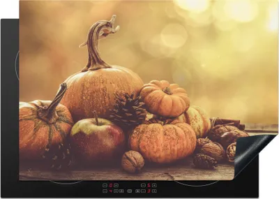 Produktbild von KitchenYeah© Herdabdeckplatte Kürbis - Herbst - Tannenzapfen - Obst - Apfel , 75x52cm, Küche Deko, Glaskeramikkochfeld Herdabdeckung, Abdeckplatte fùr Kochfeld